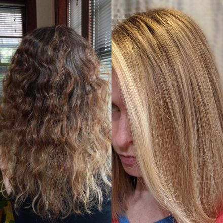 Before and after blowout session, frizzy hair to straight.